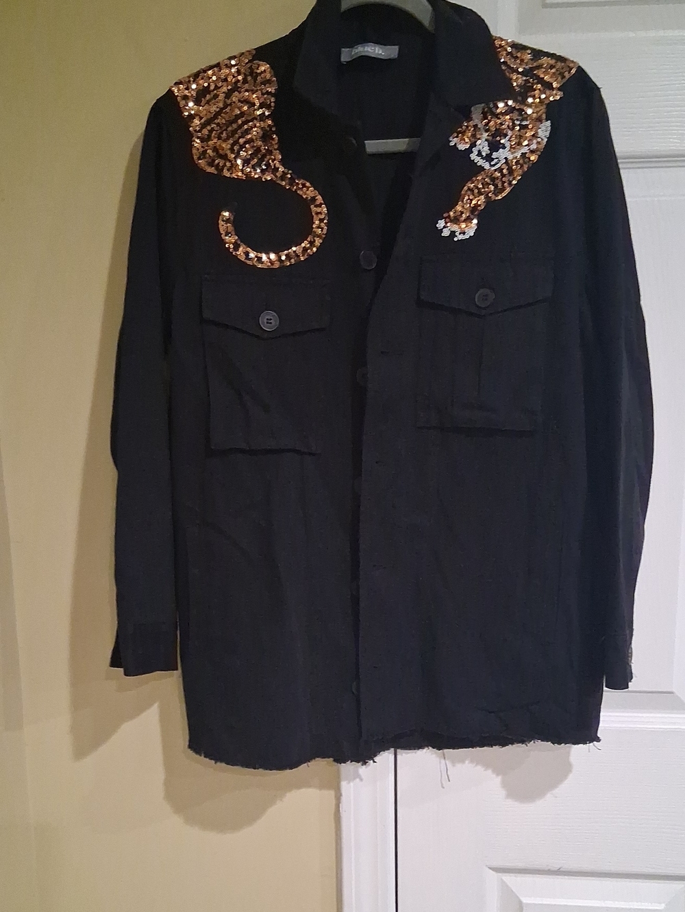 Black Sequin-Embellished Button-Up Shirt Jacket